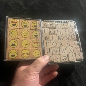 Wood Craft Wooden Ink Stamps . Upper Case Alphabet set & Emoji set . New